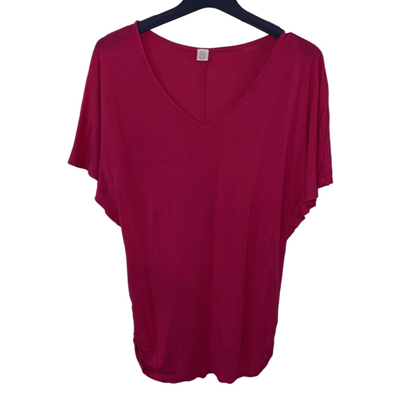 Women's Bright Pink V-Neck Short Flutter Sleeve Top with Ruched Sides Size M - Picture 1 of 5